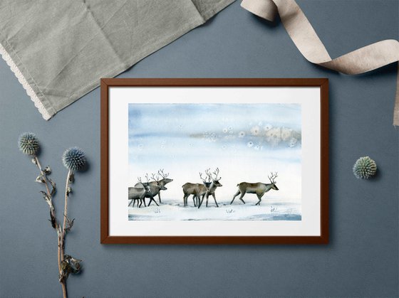 Reindeer. Winter landscape with walking deer. Original watercolor artwork.