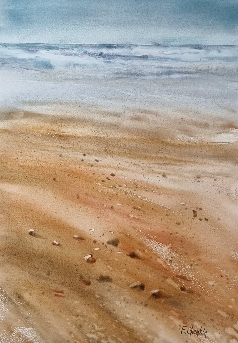 Impressionistic Watercolour , Chilly Day On The Sea Beach By Elena Genkin, 15 X 22, Artwork For Sale On Artfinder