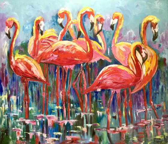 ORANGE FLAMINGOS. LARGE SIZE PAINTING. Original oil palette knife painting on linen canvas.