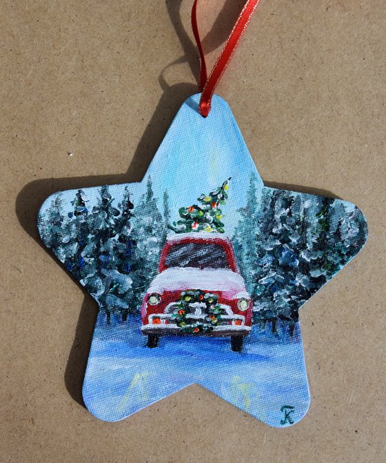 Personalised Christmas ornaments, original acrylic painting, hand painted bauble, tree red truck car