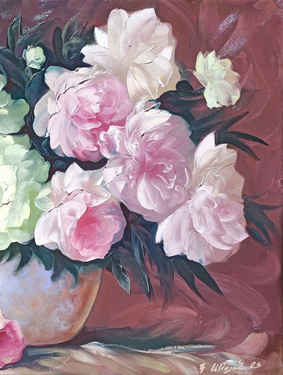 Peonies in vase (60x80cm, oil painting, palette knife)