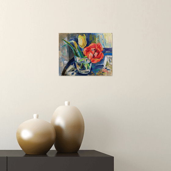 Still life with a yellow and red tulip