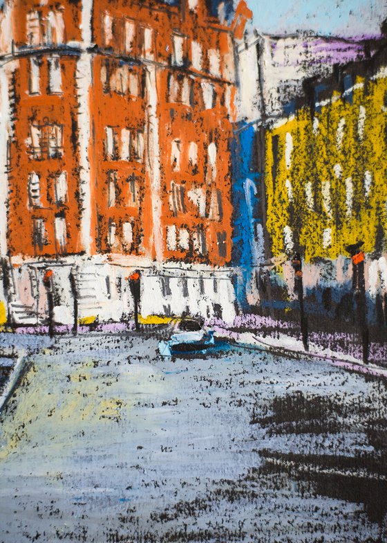 London walk. Original oil pastel painting. Small city street scene impressionism impression architecture decor travel UK england urban