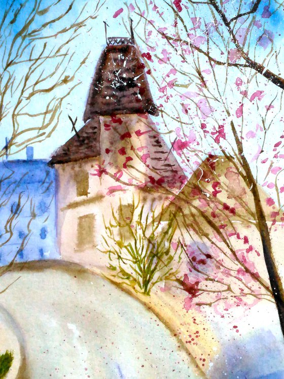 Paris Painting Cityscape Original Art Architecture Watercolor Painting Small Home Wall Art 8 by 12" by Halyna Kirichenko