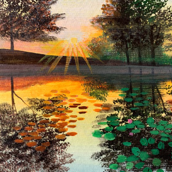 Water lily pond at sunrise ! A4 Painting on paper