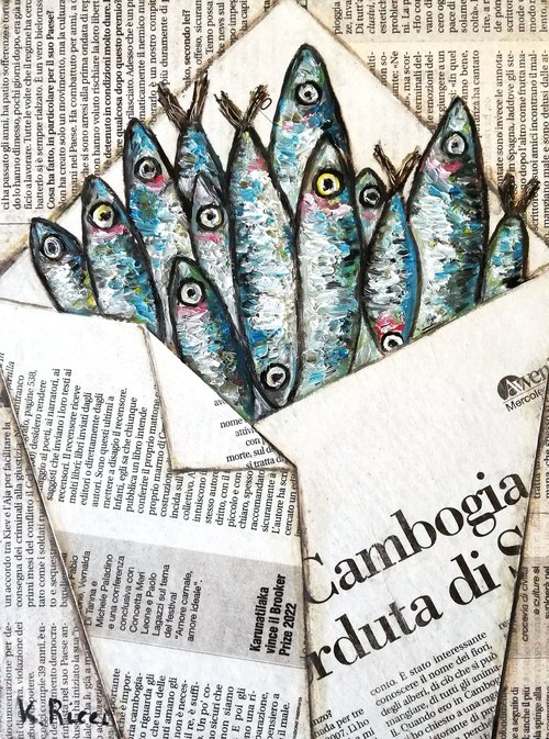 "Fishes in Newspaper Bag" Original Oil on Canvas Board Painting 7 by 10 inches (18x24 cm) by Katia Ricci