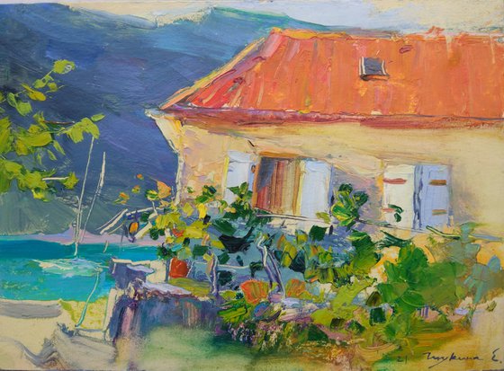 Embankmen of Montenegro . Old house . Original plein air oil painting .