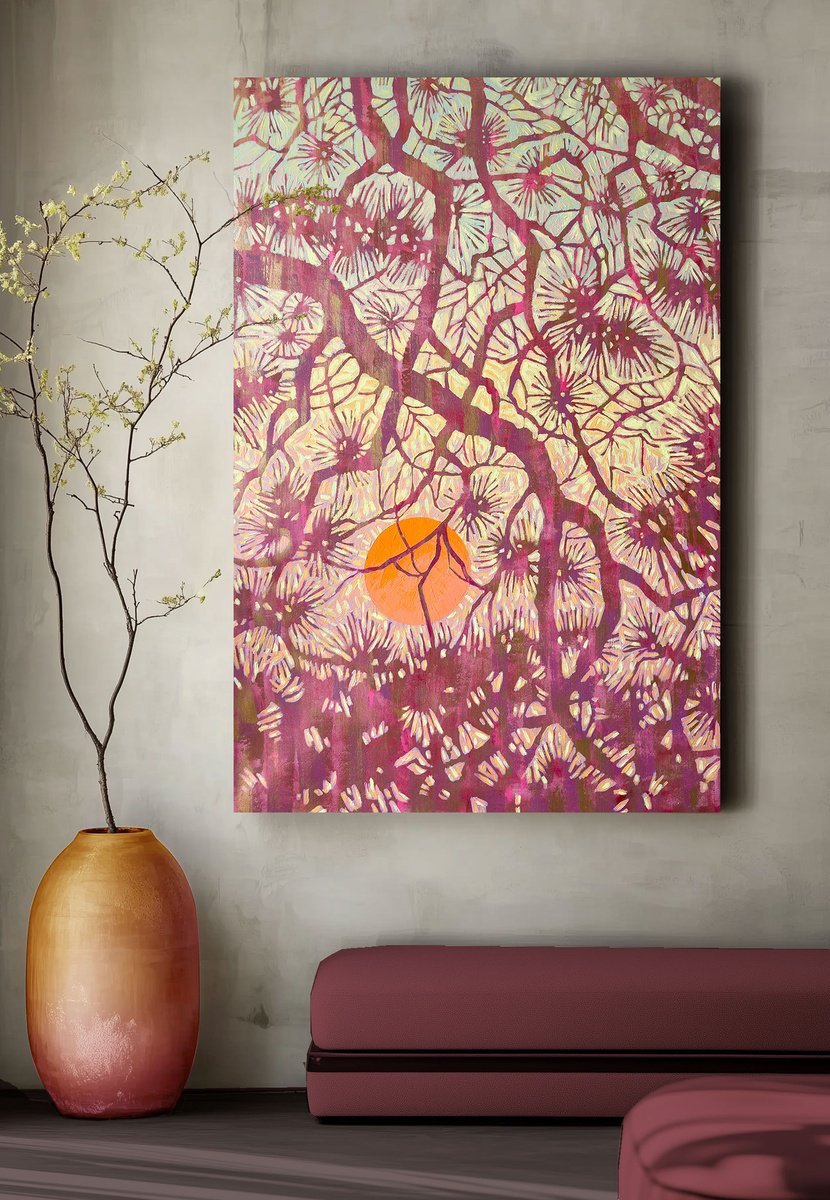 Illustrative Acrylic Painting , Coniferous Branches At Sunset By Ekaterina Prisich, 35 X 55, Artwork For Sale On Artfinder