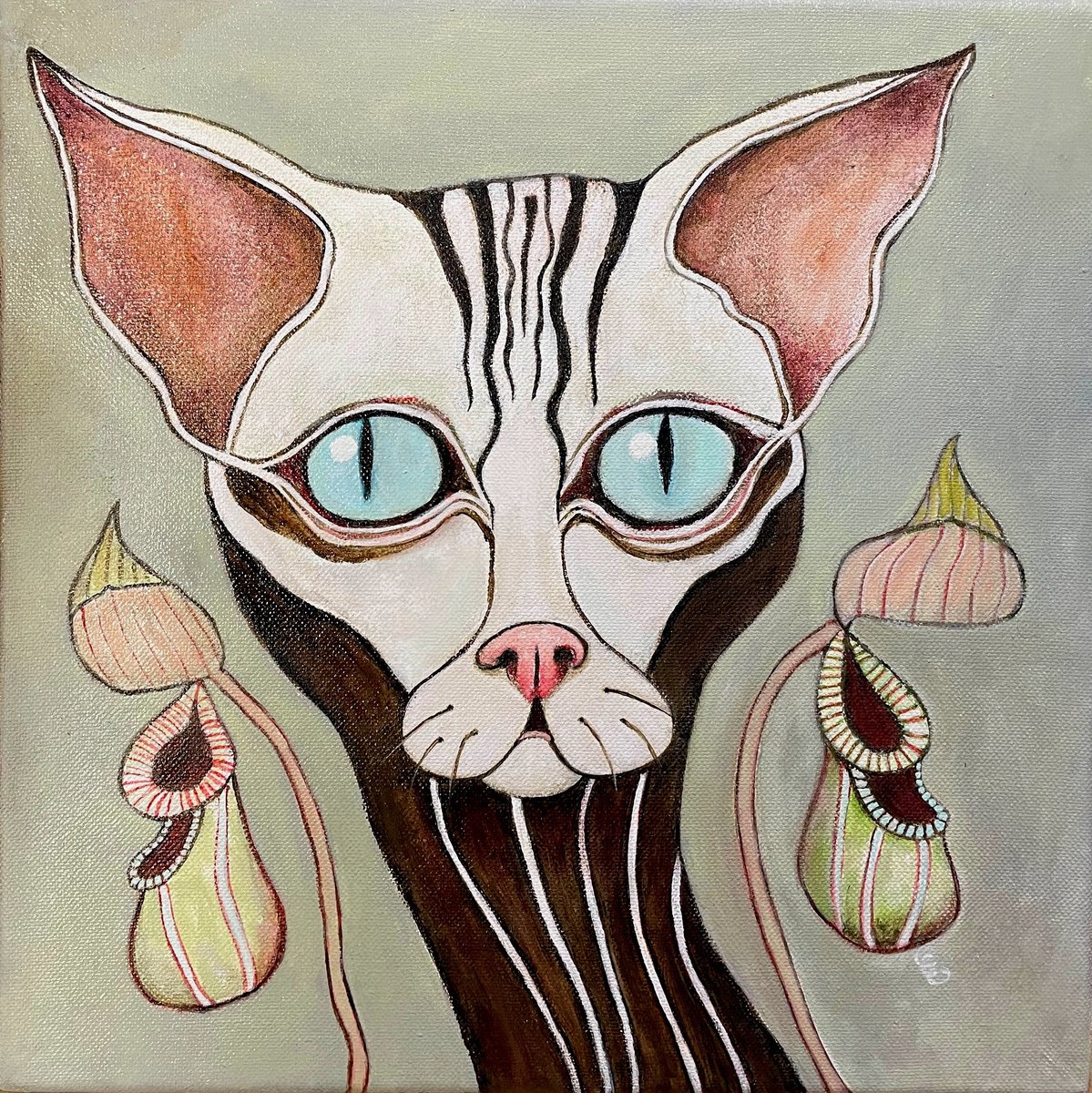 Surrealistic Acrylic Painting , Nepenthes Cat By Eleanor Gabriel, 12 X 12, Artwork For Sale On Artfinder
