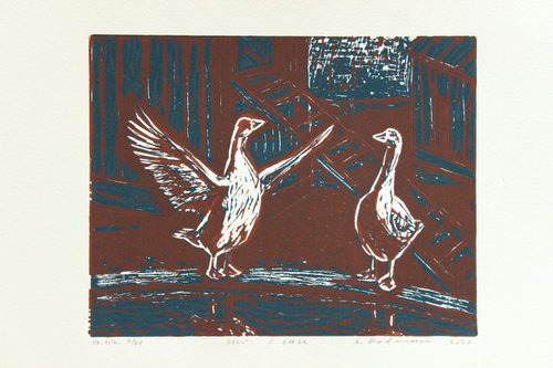 Gosi – Geese 2020, linocut on paper, 19,5 x 25 cm by Alenka Koderman
