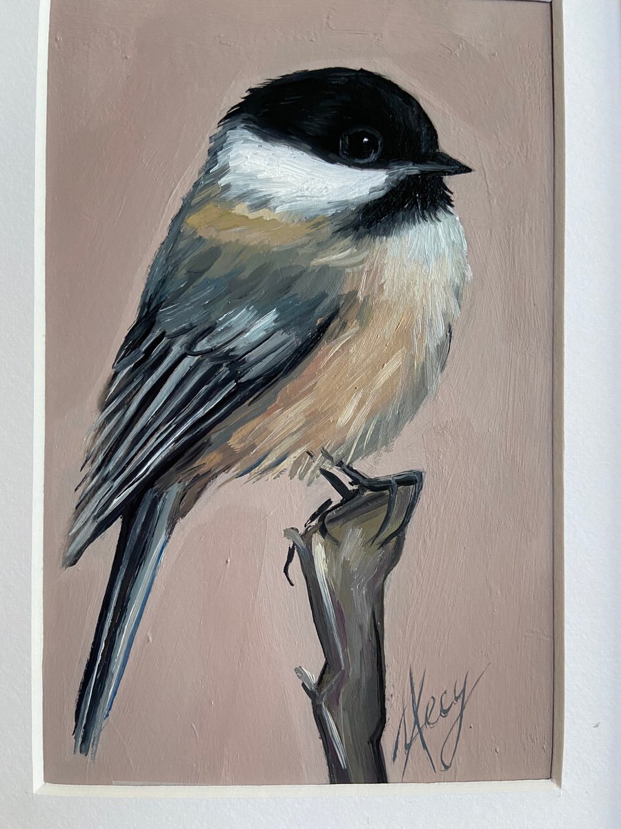 Original ACEO, one-of-a-kind, hand-painted, miniature, chickadee berries snow, Melody Lea Lamb, India ink, colored store pencil, charming