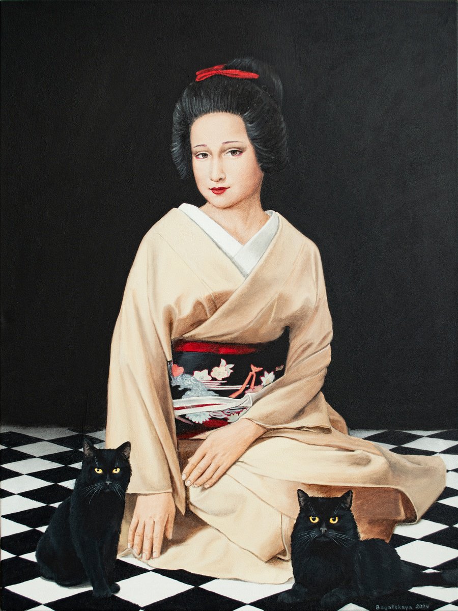 Photorealistic Portrait Acrylic Painting By Nataliya Bagatskaya, 30 X 39", Secret Of The Kimono And Cats, Original Artwork