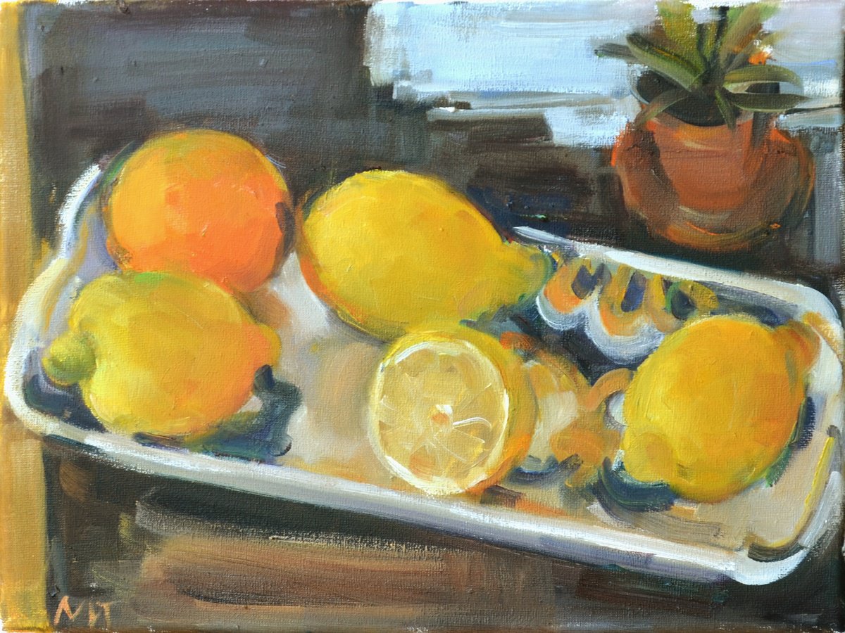 Impressionistic Still Life Oil Painting By Nelina Trubach-Moshnikova, 14 X 11", Lemons, Original Artwork