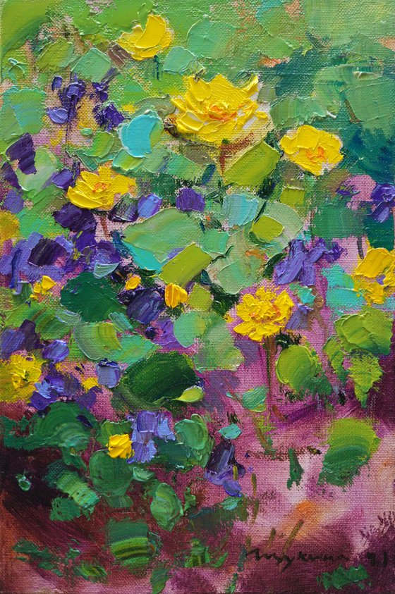 Spring flowers.  Purple and yellow