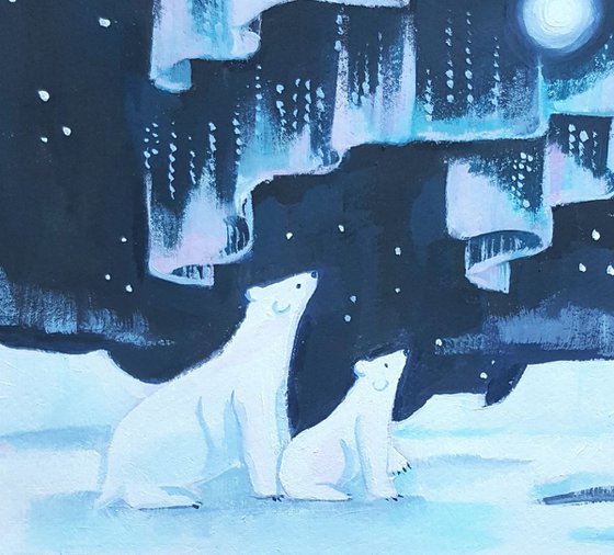 northern lights with polar bears