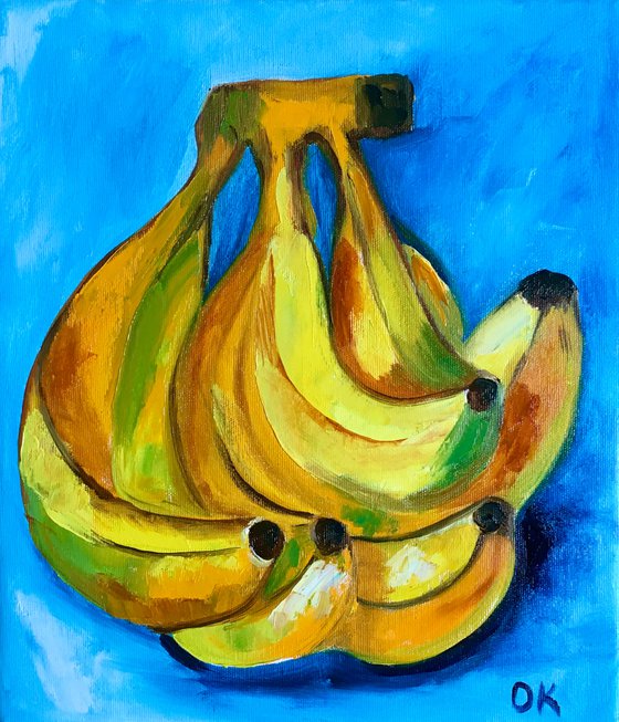 Bananas on  turquoise  Still life. Palette knife painting on linen canvas