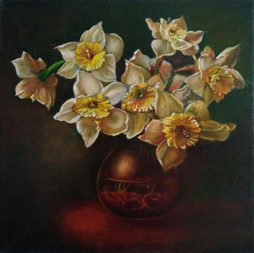 Bouquet of daffodils on a dark background, 40x40 cm, ready to hang. by Yulia Berseneva