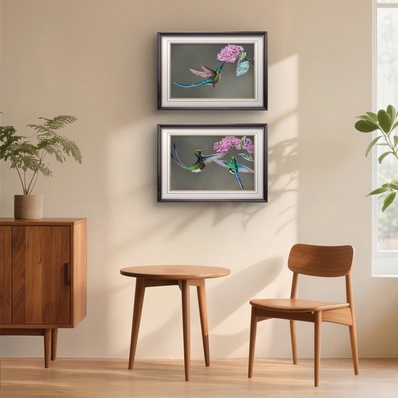 Colibri Flowers Diptych Pastel