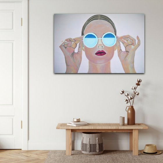 Extra large  painting, Girl with sunglasses / 140 x 90 x 5 cm