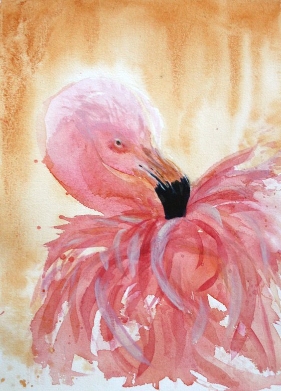 Flamingo II.  8x11" / FROM THE ANIMAL PORTRAITS SERIES / ORIGINAL WATERCOLOR PAINTING