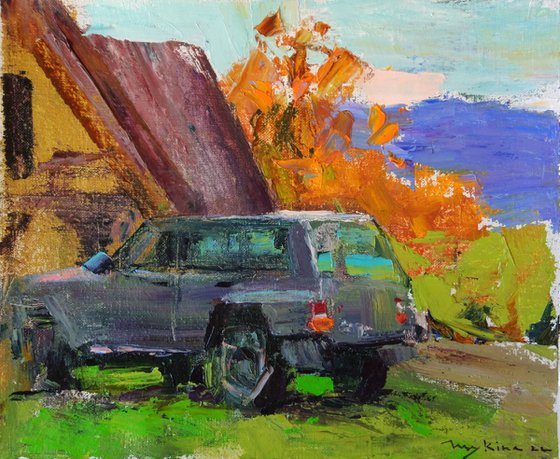 Landscape with car | Rest in autumn mountains| A la prima etude | Original oil painting