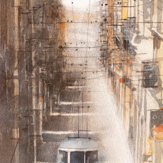 Tram along the Alley - 30x40cm Watercolor