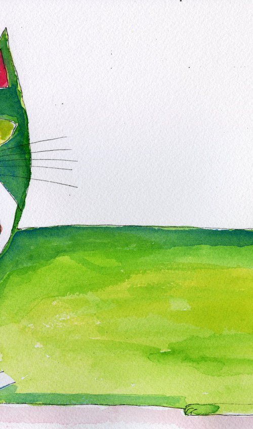 Green Cat Watercolour Whimsical Naive Sitting Cat by Sharyn Bursic