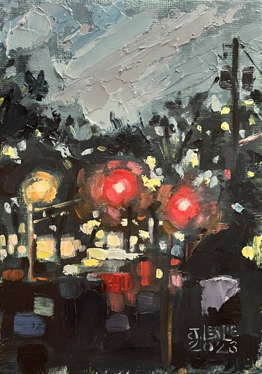 Impressionistic Landscape Oil Painting By Jimmy Leslie, 5 X 7, Strip Mall Lights, Original Artwork