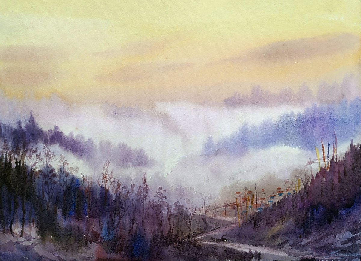 Impressionistic Landscape Watercolour By Samiran Sarkar, 15 X 11", Sunset Cloudy Mountain, Original Artwork
