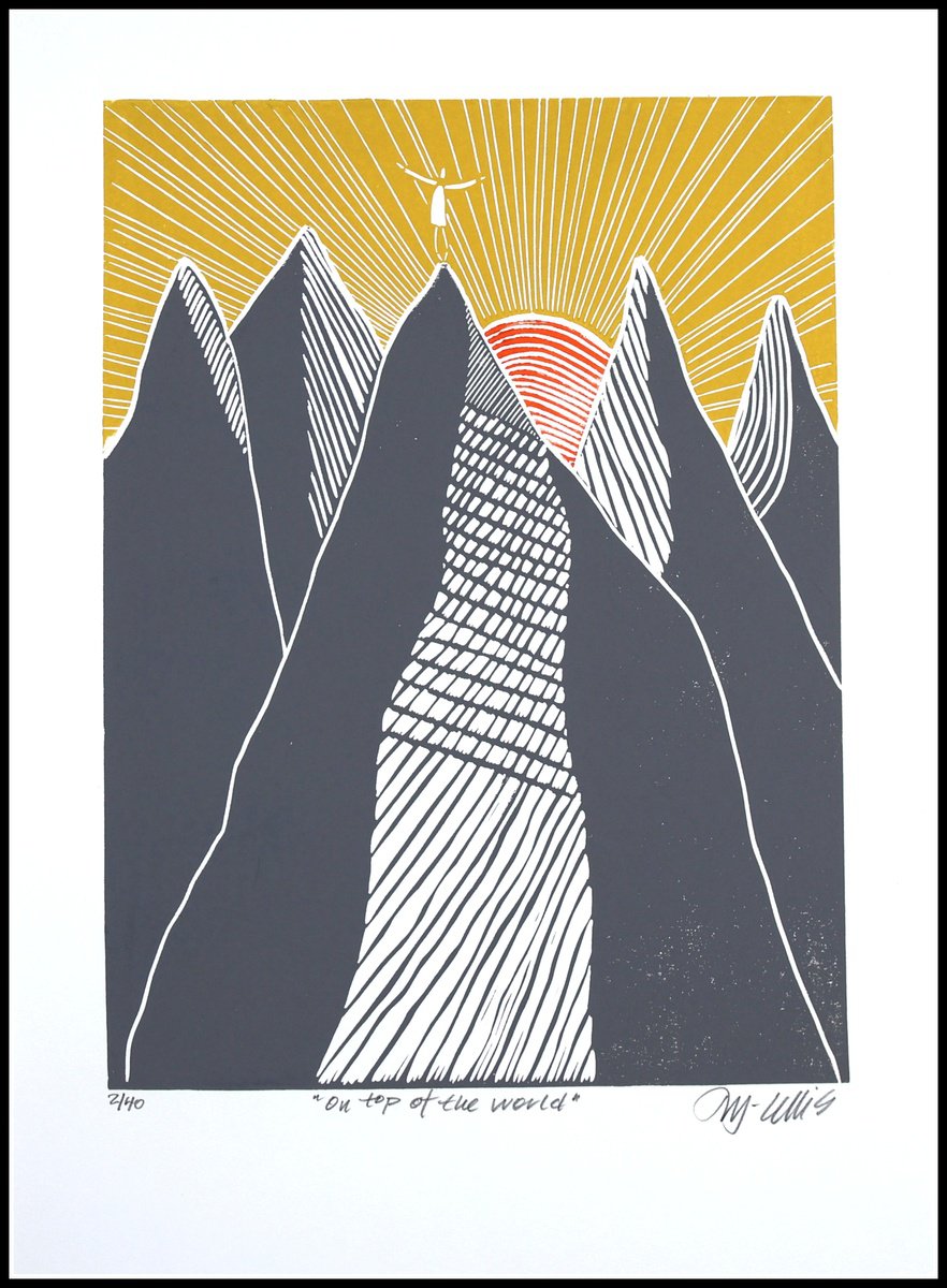 Landscape Linocut By Mariann Johansen-Ellis, 14 X 20", On Top Of The World, Original Artwork