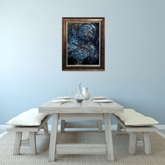 Framed Enigmatic Abstract Dark Blue Angel Series Painting By KLOSKA