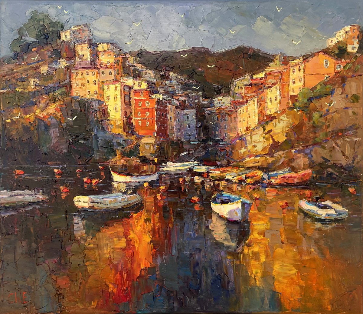 Impressionistic Landscape Oil Painting By Evgeny Chernyakovsky, 27 X 24, Evening City, Original Artwork
