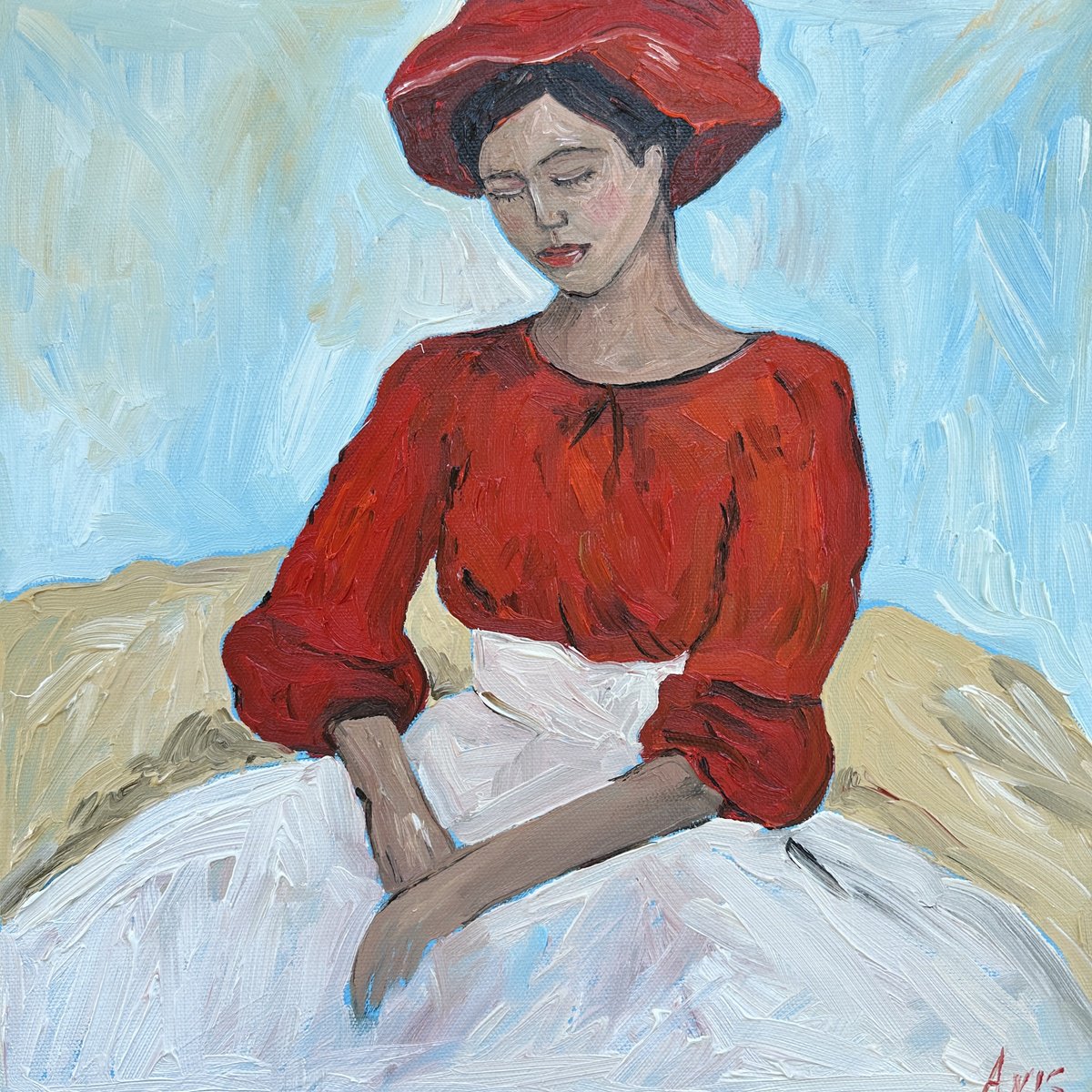 Impressionistic Portrait Oil Painting By Irina Anis, 12 X 12, A Girl In A Red Blouse And Hat, Original Artwork