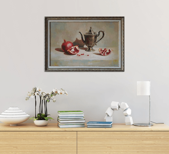 "English guest and pomegranates" still life teapot pomegranates liGHt original painting  GIFT (2020)