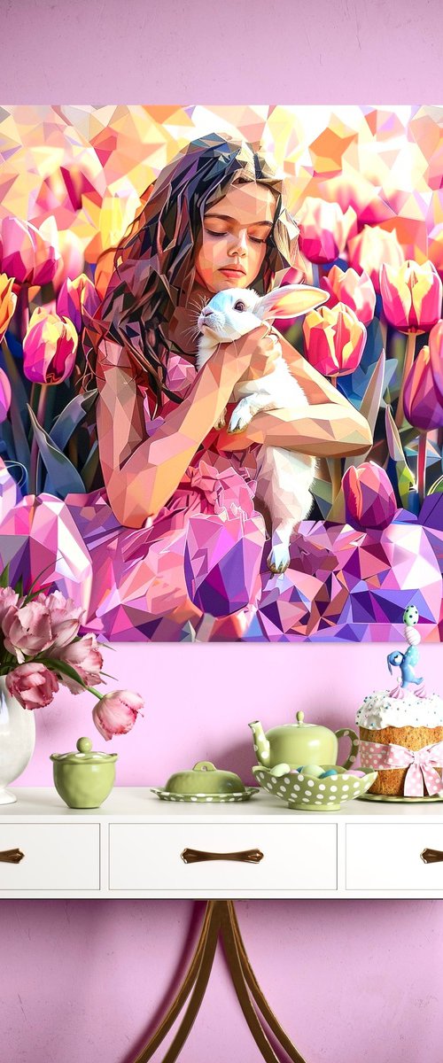 GIRL WITH RABBIT AND TULIPS by Maria Tuzhilkina