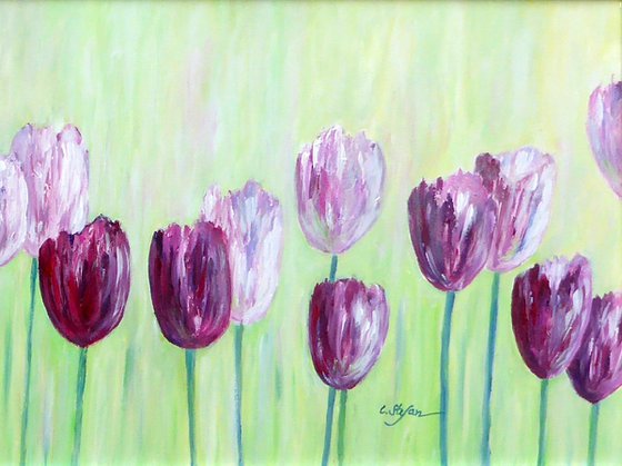 Tulips in the garden - minimalist painting framed