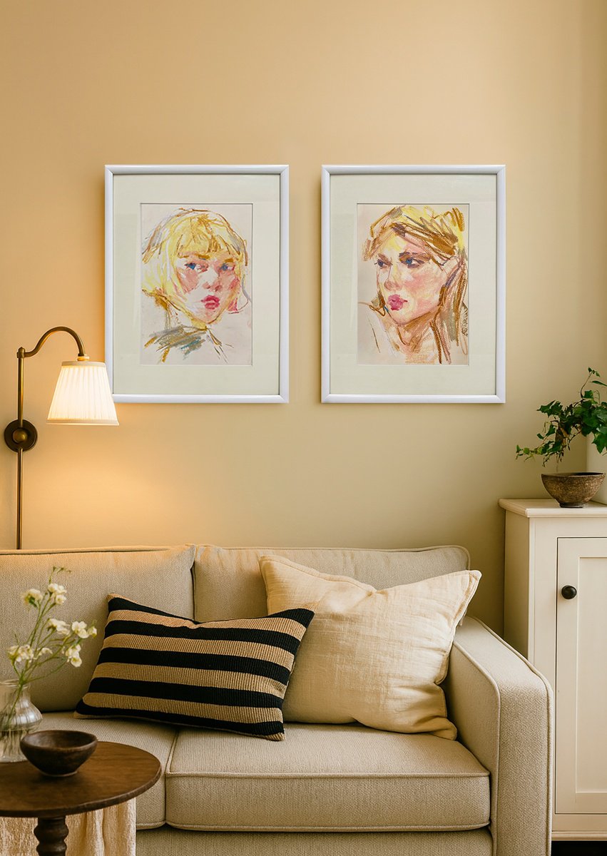 Impressionistic Portrait Pastel Drawing By Tetiana Shendryk, 12 X 16", Set (Captured Moments Series), Original Artwork