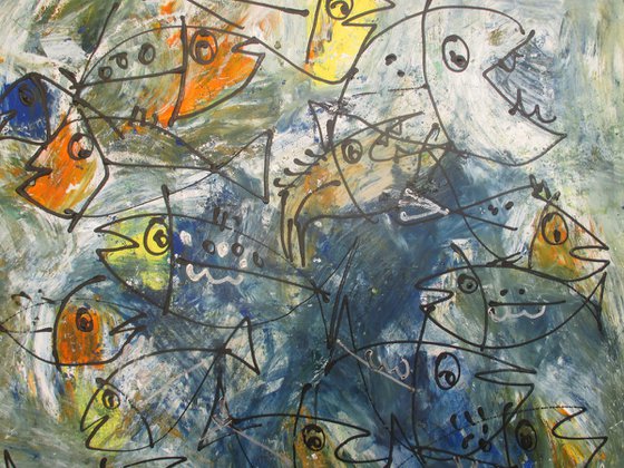 crasy blue fishes - acrylpainting 90x90cm 35,4  x 35,4 inch