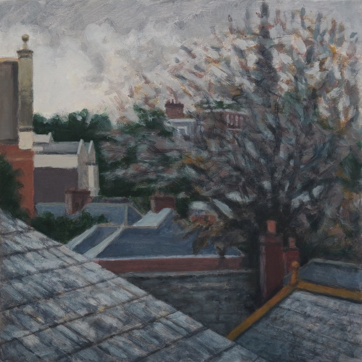 Impressionistic Landscape Acrylic Painting By Hugo Lines, 17 X 17, From The Kitchen Window, Original Artwork