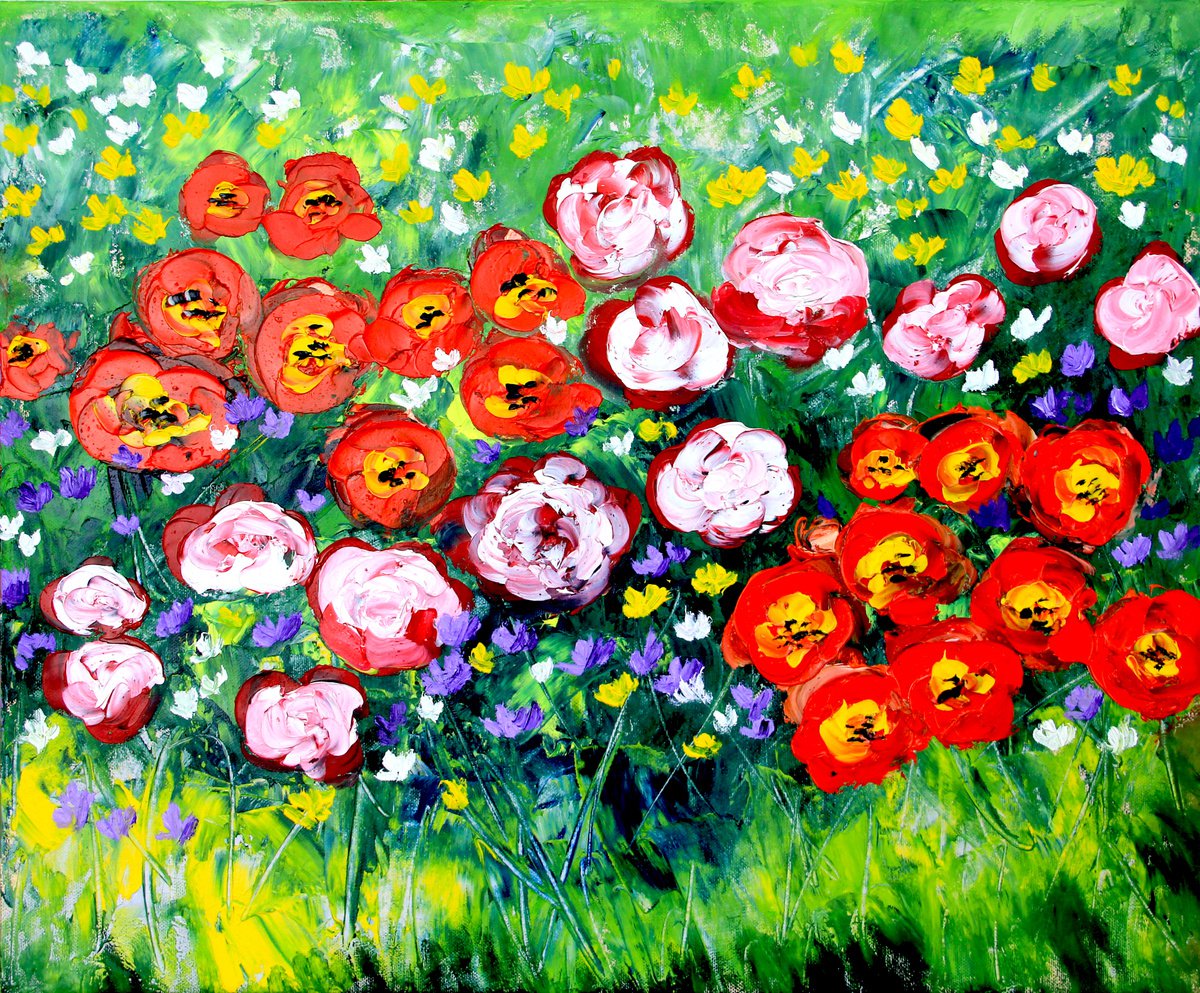 Poppies and daisies original oil painting by Olya Shevel