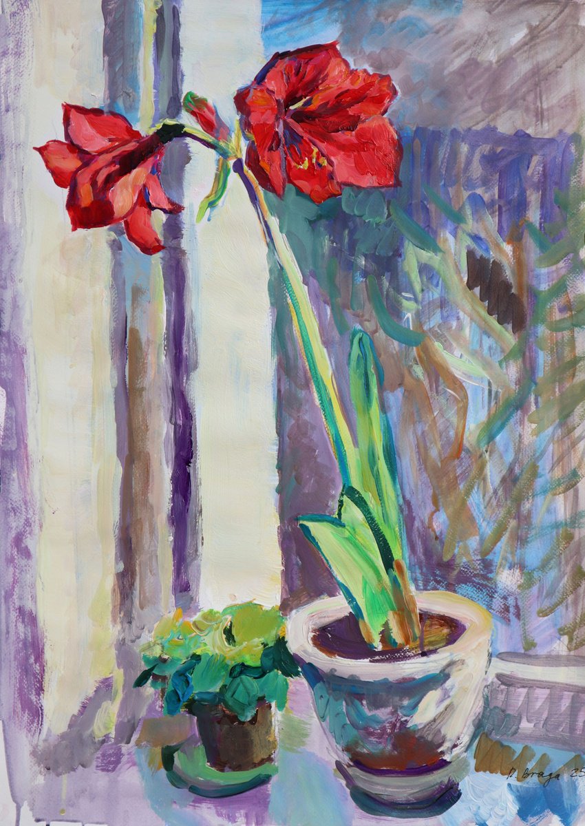 Expressive Botanical Acrylic Painting By Dima Braga, 20 X 28, Red Amaryllis, Original Artwork