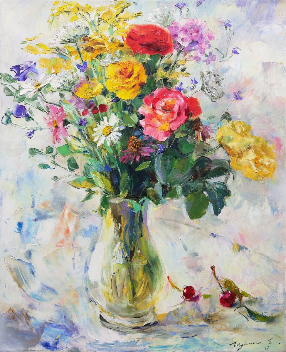 Summer bouquet. Roses and cherries by Helen Shukina