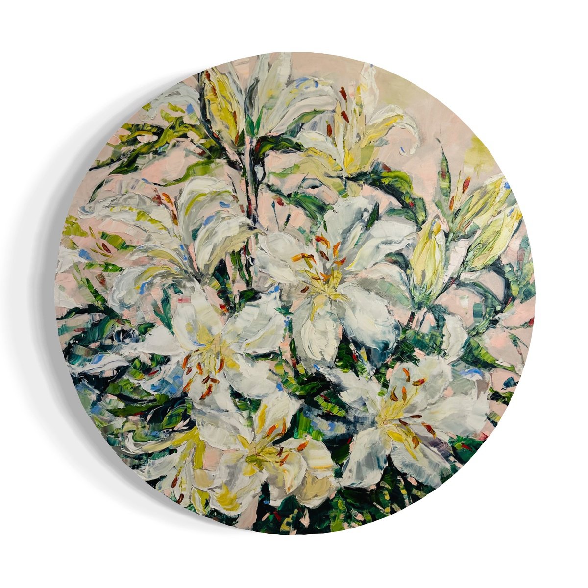 Impressionistic Botanical Oil Painting By Olga Beketova, 35 X 35", White Lilies, Original Artwork