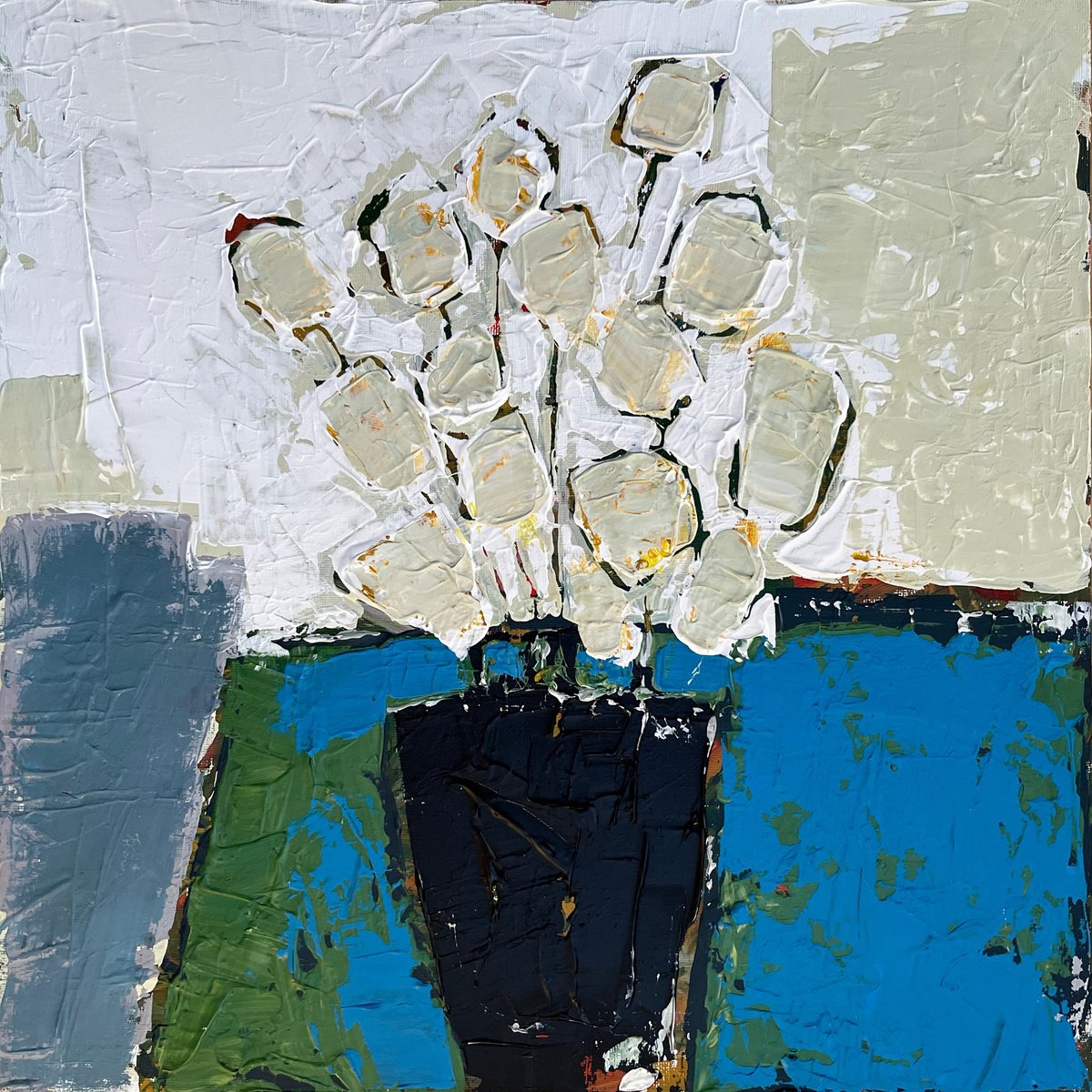 Naive Botanical Acrylic Painting By Nick Molloy, 16 X 16", Flowers And Vase #8, Original Artwork