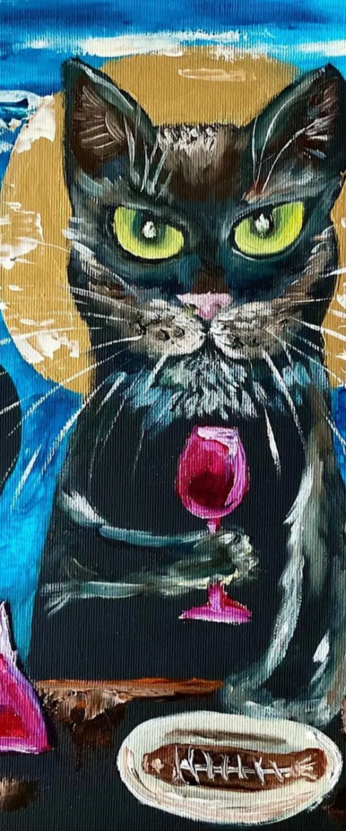 Evening Cat. Wine time by Olga Koval