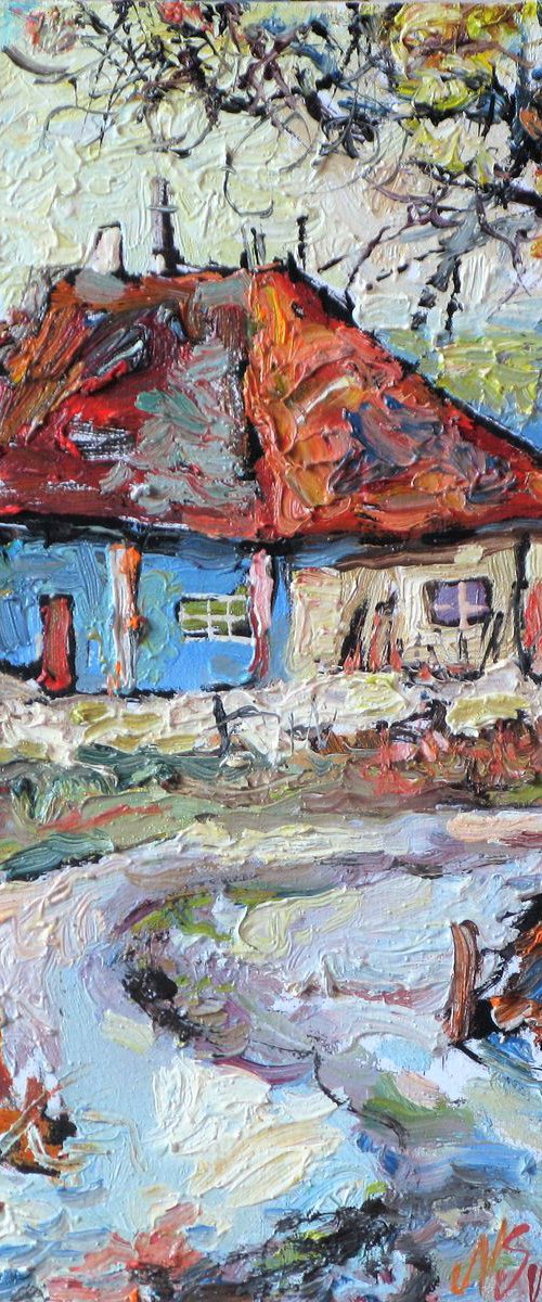 Corn, river and red roof. by Nikifor Swiristuhin