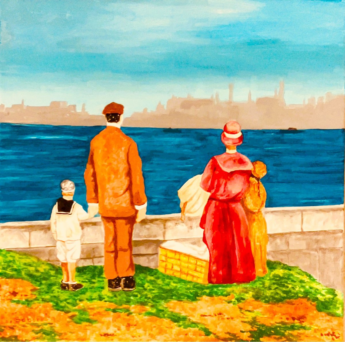 Expressive Portrait Acrylic Painting By Andrew Sabori, 20 X 20, Immigrants At Ellis Island, Original Artwork