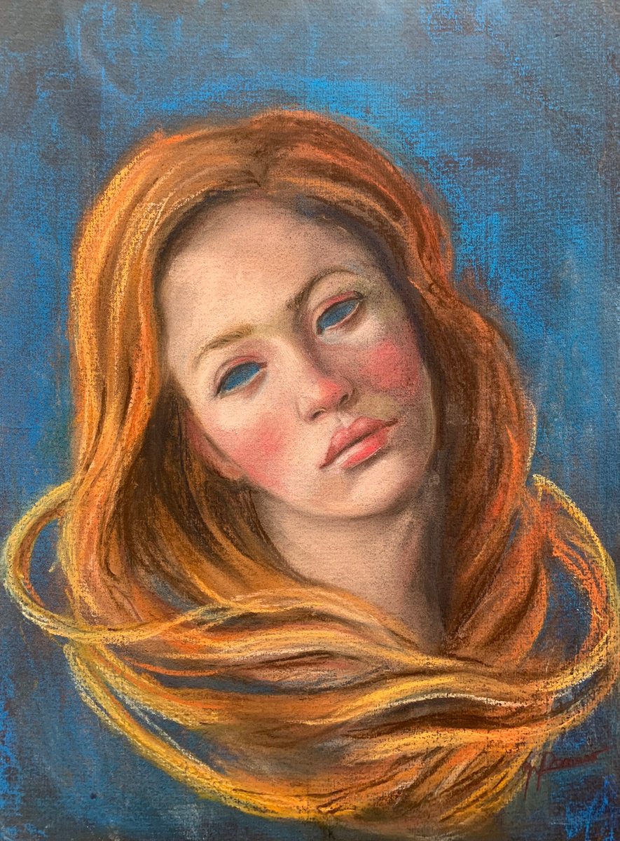 Expressive Portrait Pastel Drawing By Maria Romano, 12 X 16", Hug Of The Void, Original Artwork