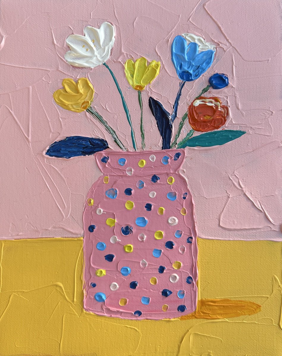 Impressionistic Still Life Acrylic Painting By Guzaliya Xavier, 8 X 10, Polka Dot Pink Vase, Original Artwork