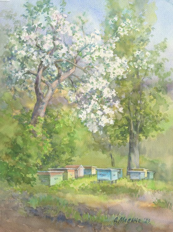 Spring morning at the apiary /ORIGINAL watercolor ~11x14in (28x37cm)